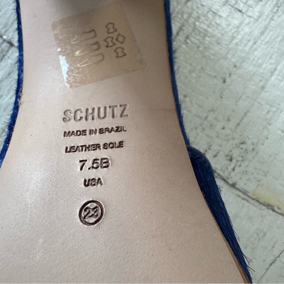 SCHUTZ Lizah Welt Wild NWOT size 7.5 Blue Calf Hair Leather Sandal Triangle Heel - Picture 11 of 12